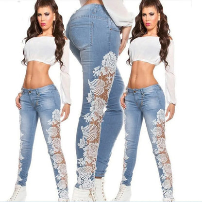 Hollow Out Floral Lace Pants Low Waist Slim Pencil Denim Jeans
