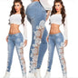 Hollow Out Floral Lace Pants Low Waist Slim Pencil Denim Jeans