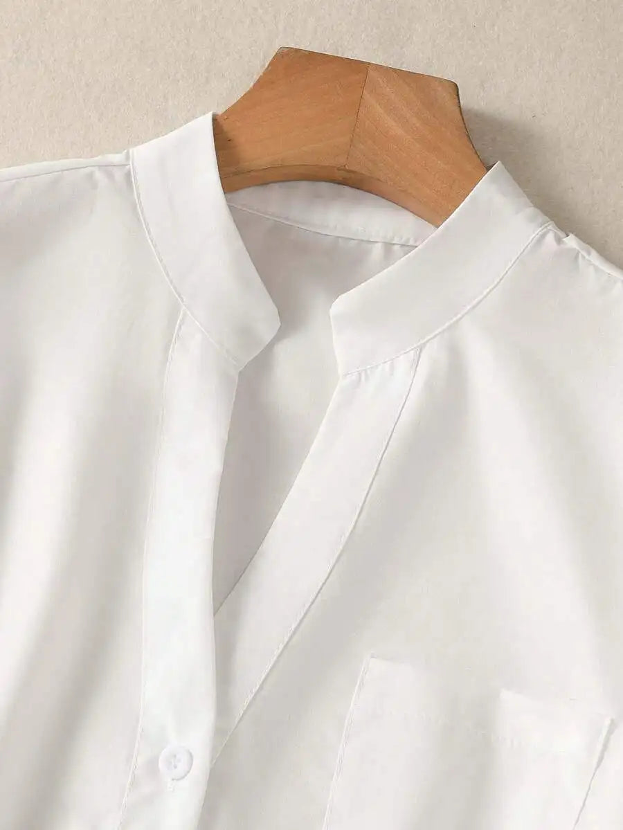 Women's White Linen Blend Button-Up Blouse with V-Neck and Chest Pocket