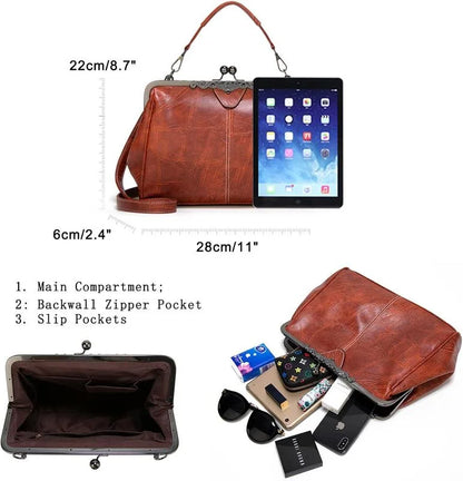 Women Kiss Lock Handbags Oil Leather