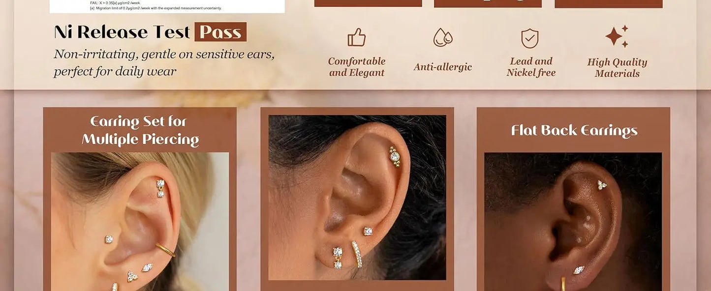 8 Pairs 20G Hypoallergenic Flat Back Stud,and Hoop Earrings