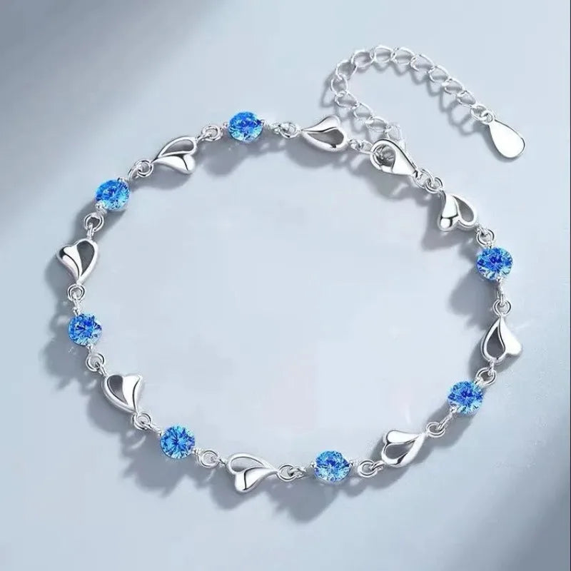 925 Sterling Silver Heart Shaped Necklace Bracelet Set Blue Crystal Bracelets