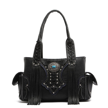 Western Style Cowgirl Woven Fringe Crocodile Gorgeous Purse Conchos Women Handbag Shoulder Bags Wallet Set