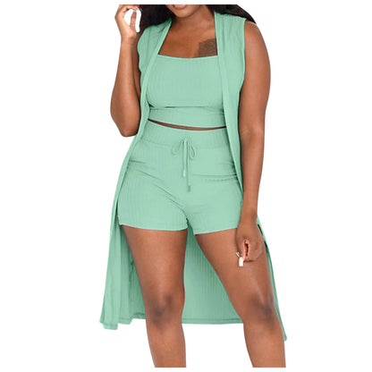 Solid Color 3 Piece Pants Set Casual Stretchy Ribbed Sleeveless Coat Vest And Shorts Suits