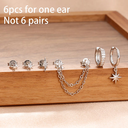 6PCS Fashion Cute Zircon Flower Ear Stud 18K Gold Plated Star Ear Stud Earrings