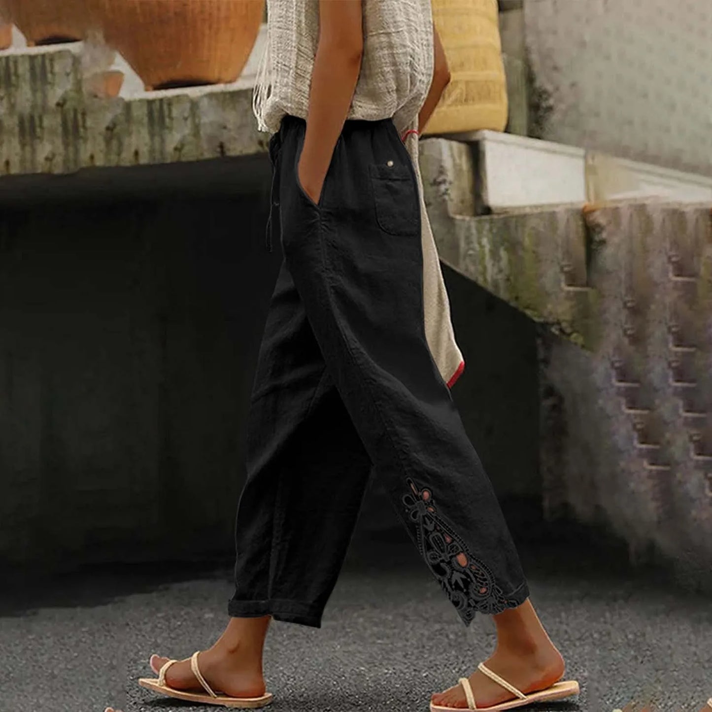High Waist Casual Lace Spliced Pants Drawstring Pockets