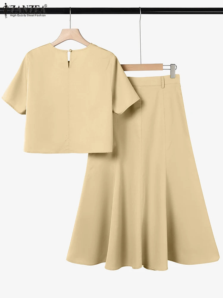 ZANZEA Fashion 2PCS Women Summer Dress Set Short Sleeve Blouse Sundress Casual Solid Outfits