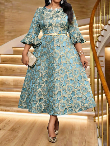 Plus Size Jacquard Floral Dress with Flared Sleeves & Waist Belt