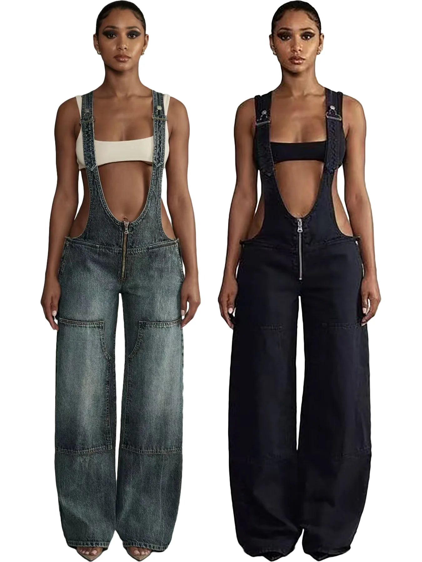 Low Waist shoulder Strap Wide Leg Jeans Low Rise Cargo Trousers with Straps