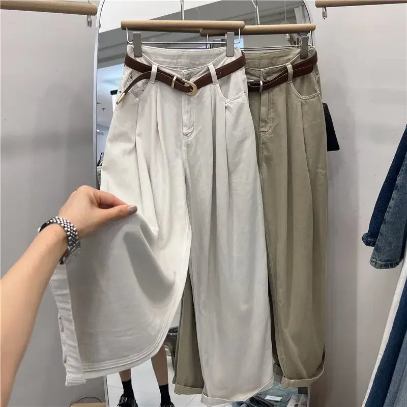 Khaki Color Women's High Waist Straight Leg Jeans Pear Shape Body Slimming Harlan Wide Leg Pant