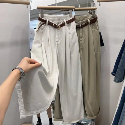 Khaki Color Women's High Waist Straight Leg Jeans Pear Shape Body Slimming Harlan Wide Leg Pant