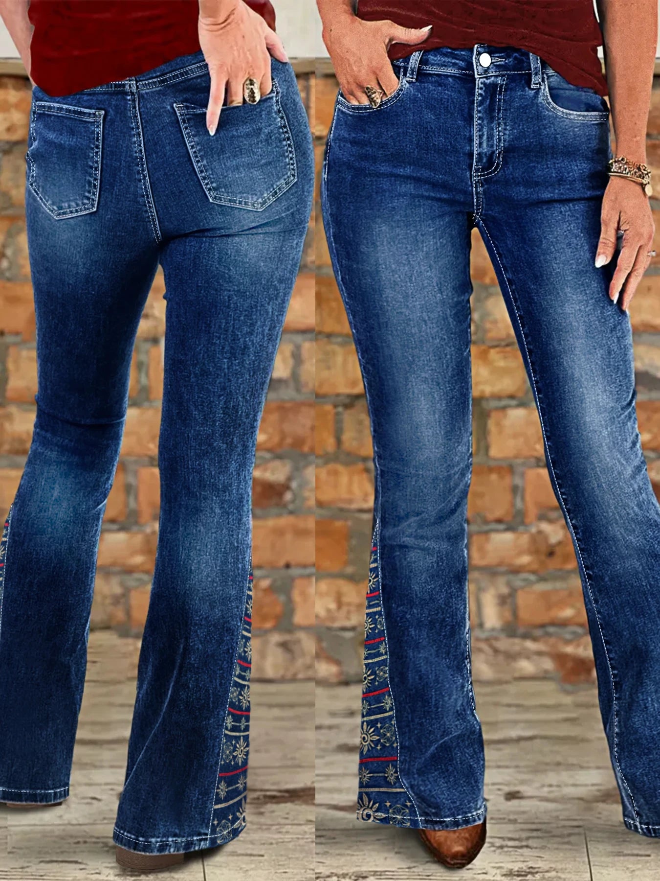 Women's plus-size high-waist jeans, dark blue ethnic-style embroidered flare jeans