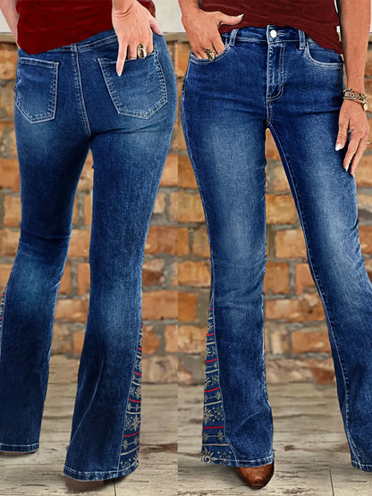 Women's plus-size high-waist jeans, dark blue ethnic-style embroidered flare jeans