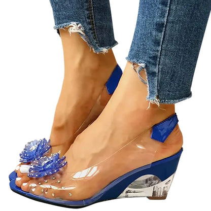 Female Shoes Leisure Transparent Crystal Diamond Slope Heel Sandals
