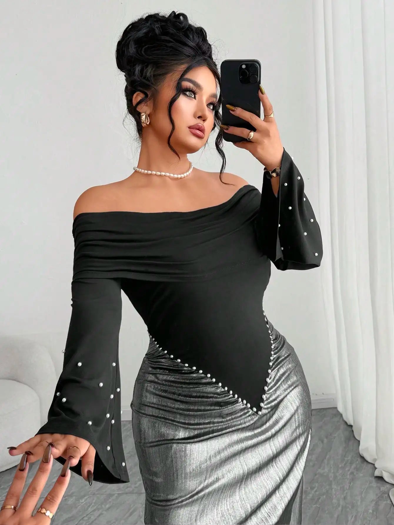 Elegant Off Shoulder Long Sleeve Maxi Dress with Pearl Waist Detail, Silver Black Contrast