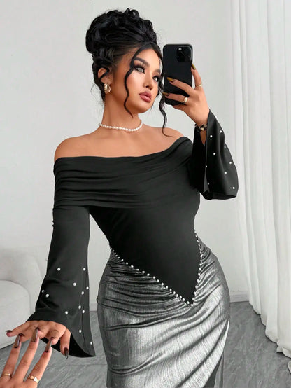 Elegant Off Shoulder Long Sleeve Maxi Dress with Pearl Waist Detail, Silver Black Contrast