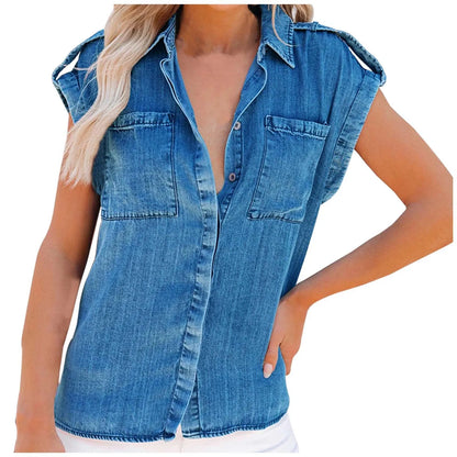 Youthful Woman Blouses Summer Slimming Short Sleeve Denim Shirt