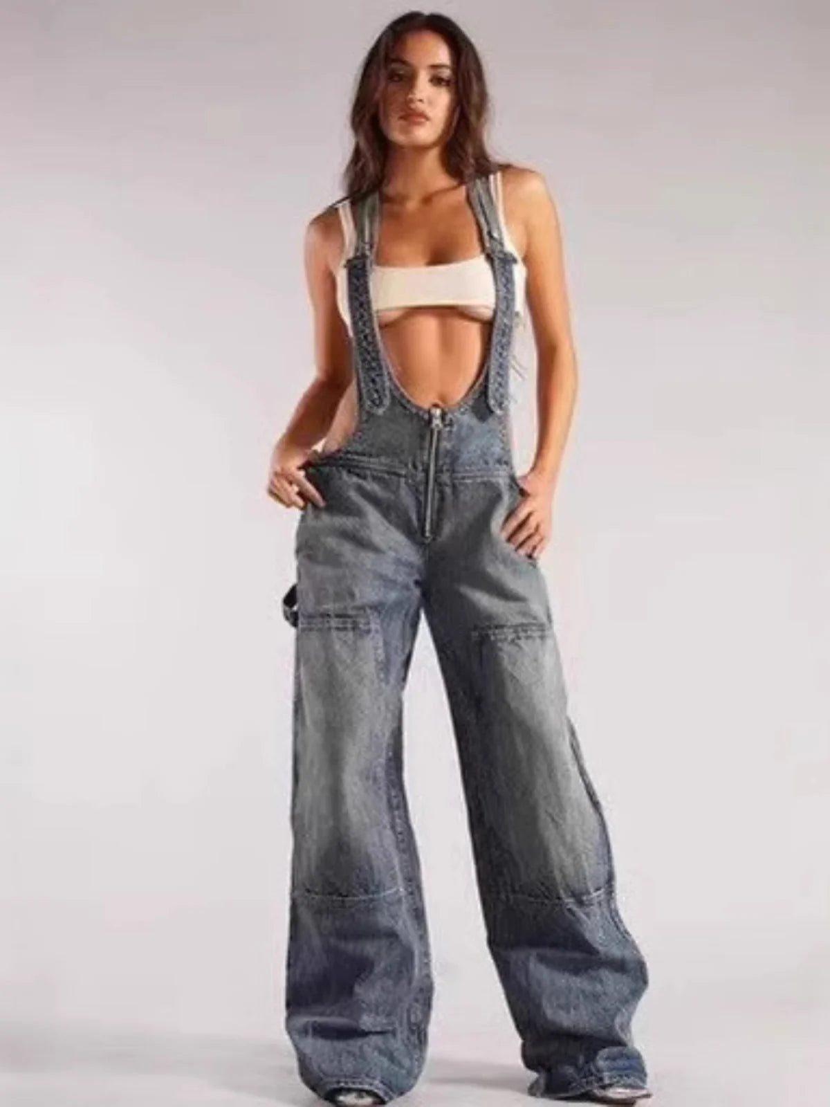 Low Waist shoulder Strap Wide Leg Jeans Low Rise Cargo Trousers with Straps