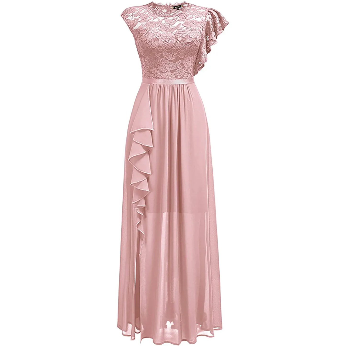 Elegant Women Sleeveless Long Evening Dress With Belt Slit Ruffles