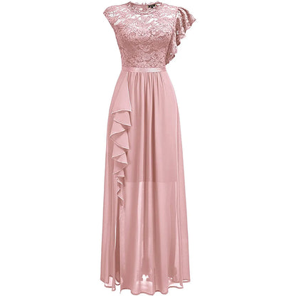 Elegant Women Sleeveless Long Evening Dress With Belt Slit Ruffles
