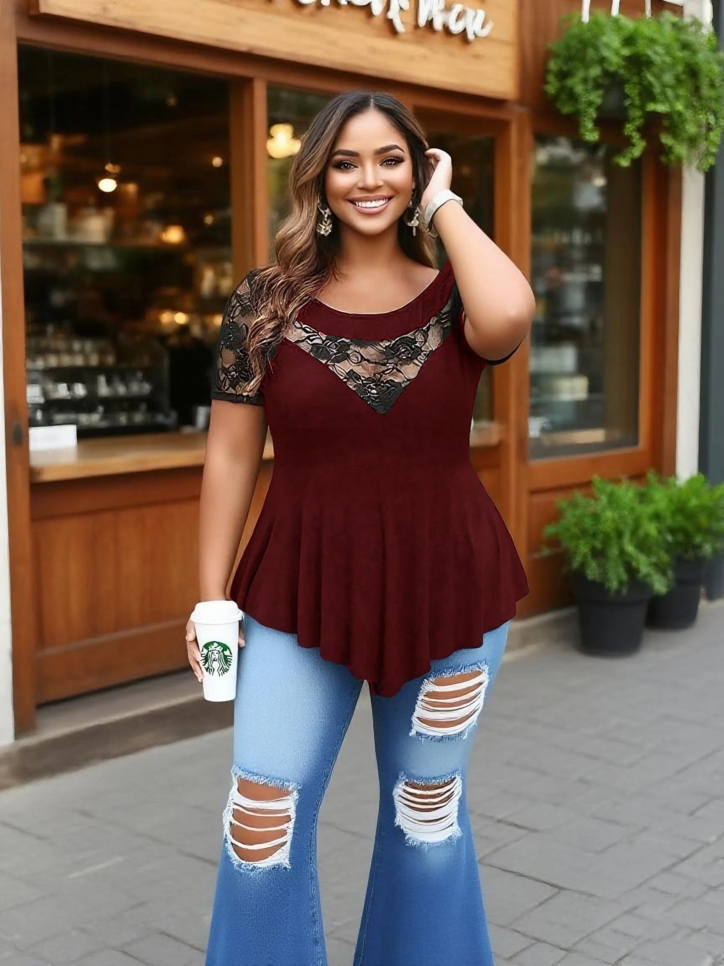 Women’s Plus Size Lace Panel Tunic short Sleeve Asymmetric Hem Flowy Blouse