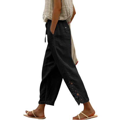 High Waist Casual Lace Spliced Pants Drawstring Pockets