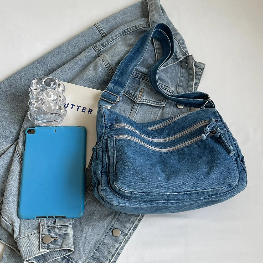 Women Casual Large Capacity Denim Messenger Bag Adjustable Strap