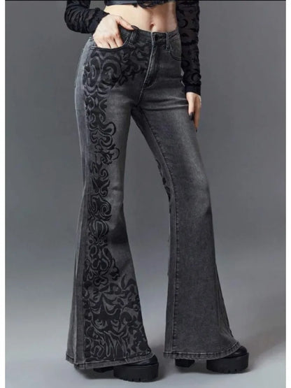 Retro Printed Bell Bottoms Street Mounted Navel Slim Jeans
