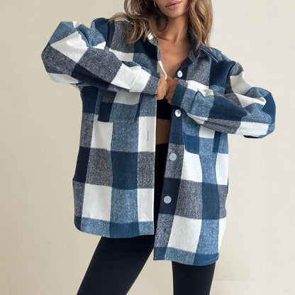 Fall Winter Classic Plaid Shirt for Women Plus Size Flannel Button Down Lapel Shirt
