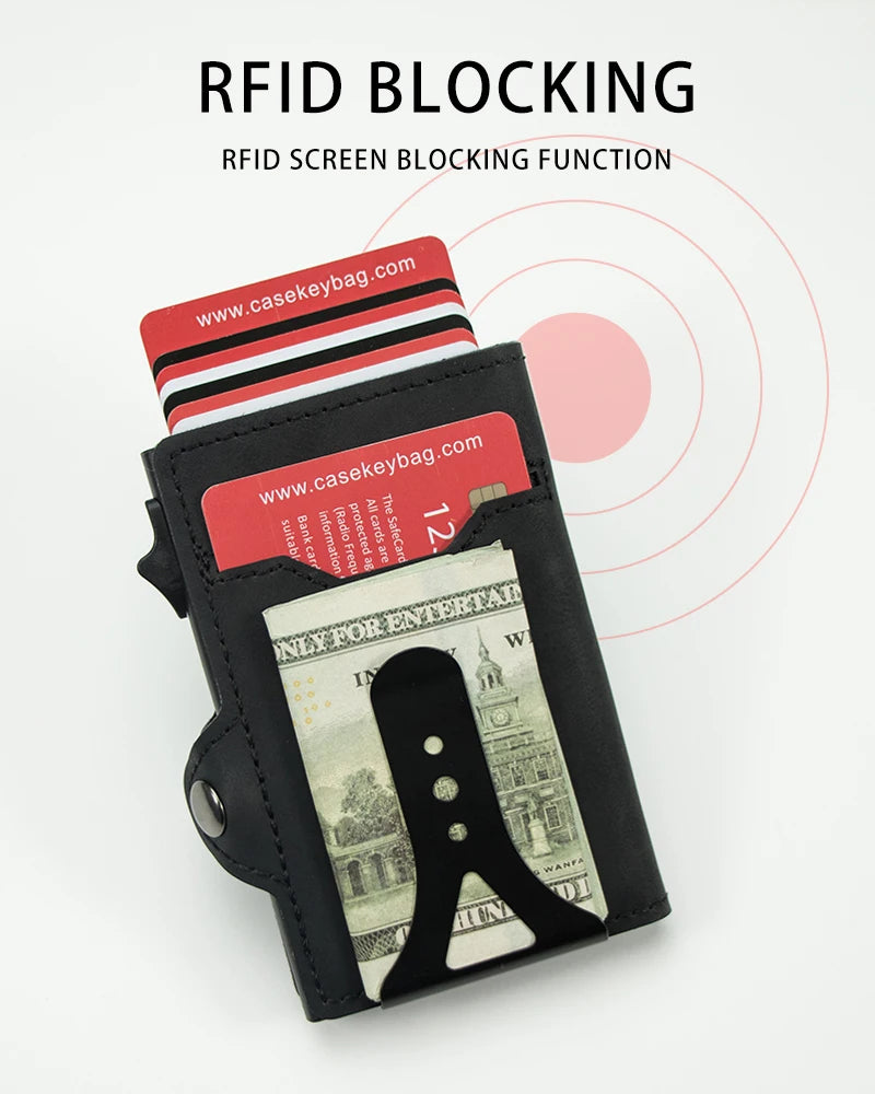 CASEKEY Top Quality Leather Cash Clip Wallet RFID NFC Protection Pop Up Metal Card Holder Case