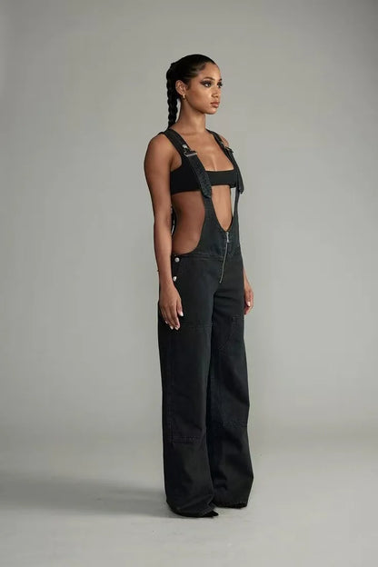Low Waist shoulder Strap Wide Leg Jeans Low Rise Cargo Trousers with Straps