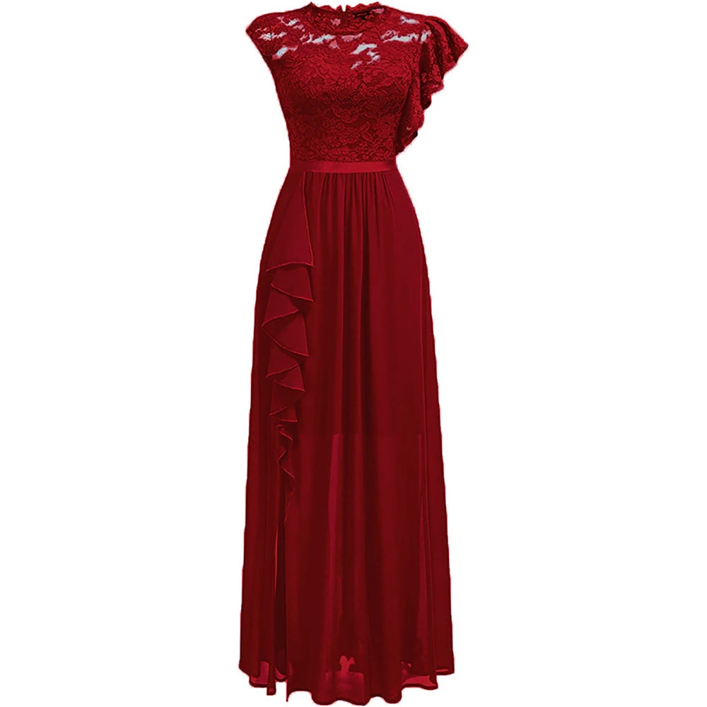 Elegant Women Sleeveless Long Evening Dress With Belt Slit Ruffles