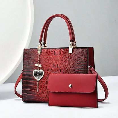 White Croc-Embossed Top Handle Handbag with Detachable Wallet