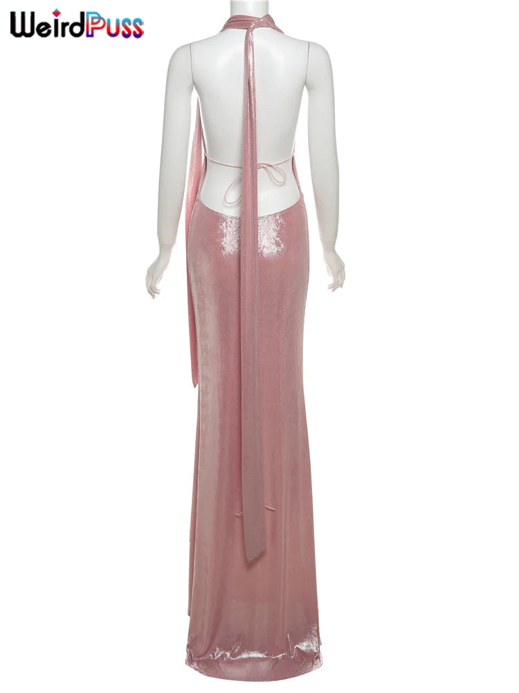Halter Tassel Dress Backless Deep V-Neck Long Bodycon