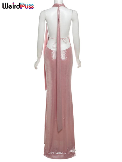 Halter Tassel Dress Backless Deep V-Neck Long Bodycon