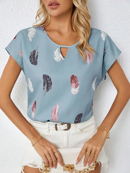 Women's Loose Feather Print Keyhole Neck Blouse, Summer Casual Top
