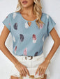 Women's Loose Feather Print Keyhole Neck Blouse, Summer Casual Top