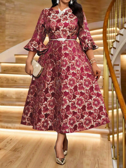Plus Size Jacquard Floral Dress with Flared Sleeves & Waist Belt