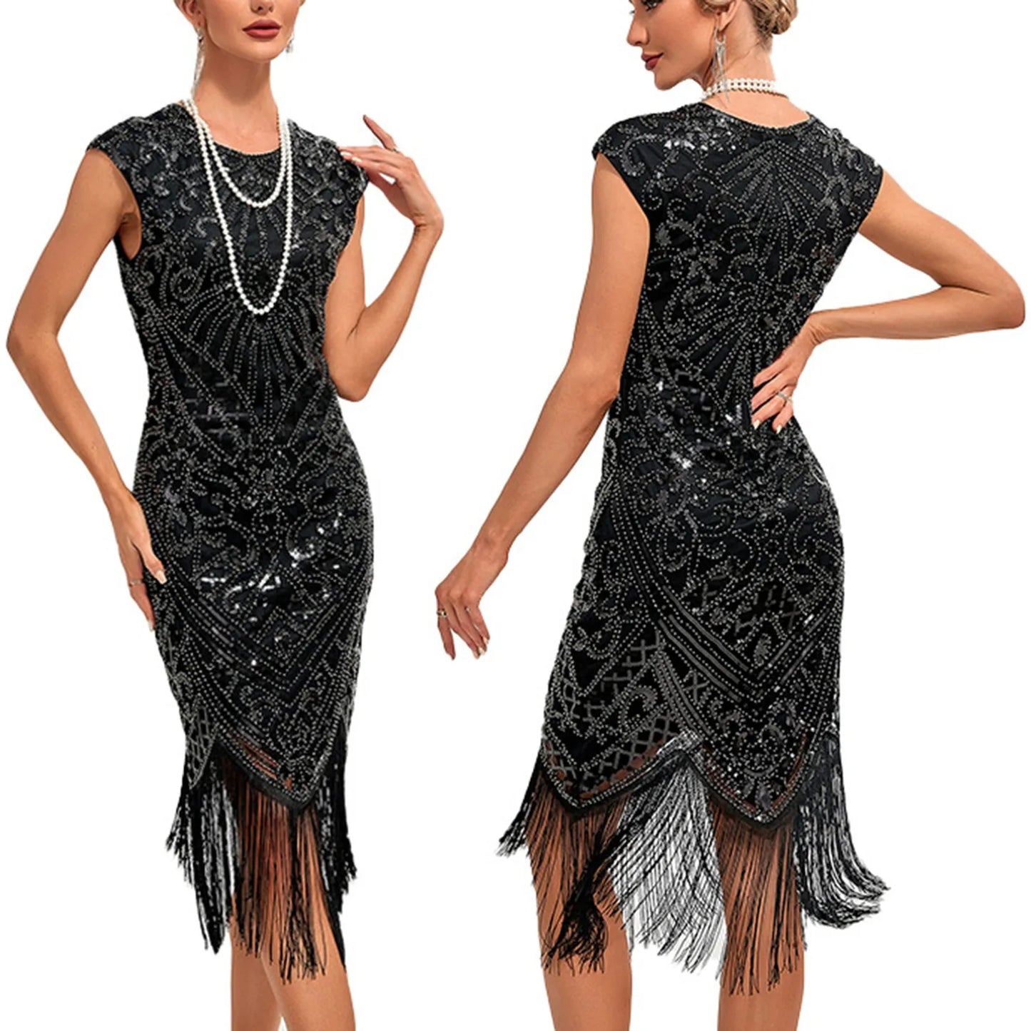 1920s Vintage Flapper Party Dress Tassels Hem Sequined