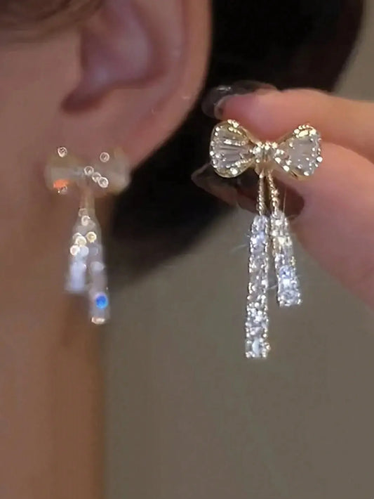 Bow Crystal Drop Earrings Sparkling Cubic Zirconia Long Tassel Earrings