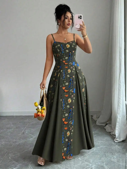 Elegant Cream Floral Print Sleeveless Maxi Dress for Spring Summer