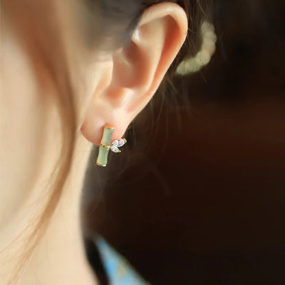 Vintage Ethnic Style Imitation Jade Bamboo Crystal Stud Earrings