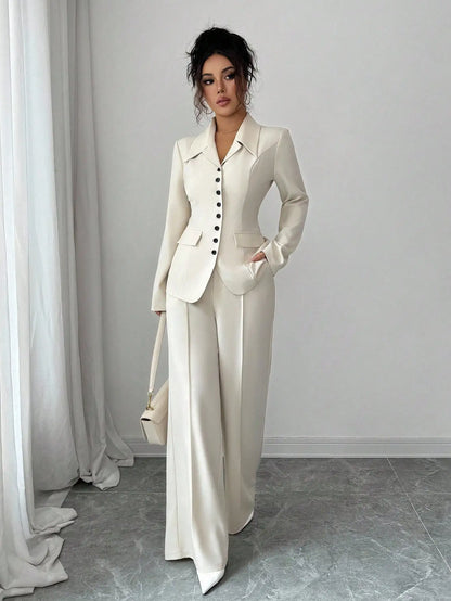 Cream Solid Color Tailored Blazer & Wide Leg Pants 2-Piece Set, V-Neck, Contrast Buttons,