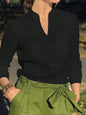 Women's White Linen Blend Button-Up Blouse with V-Neck and Chest Pocket