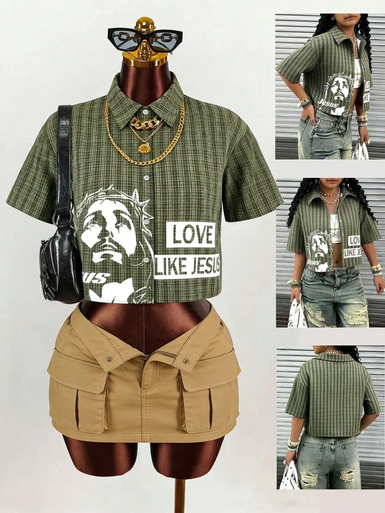 Olive Green Plaid Cropped Shirt with Graphic Print and Slogan