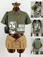 Olive Green Plaid Cropped Shirt with Graphic Print and Slogan