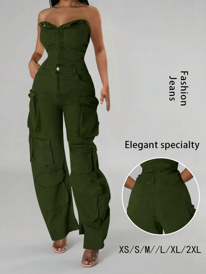 Olive Green Cargo Jumpsuit for Women, High Waist Wide Leg Denim with Multiple Pockets