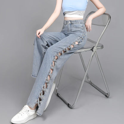 Hollow Wide Leg Jeans Casual Design Slimming High Waist