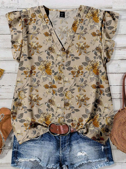 Women's V-Neck Floral Print Button-Up Blouse, Loose Fit, Lightweight