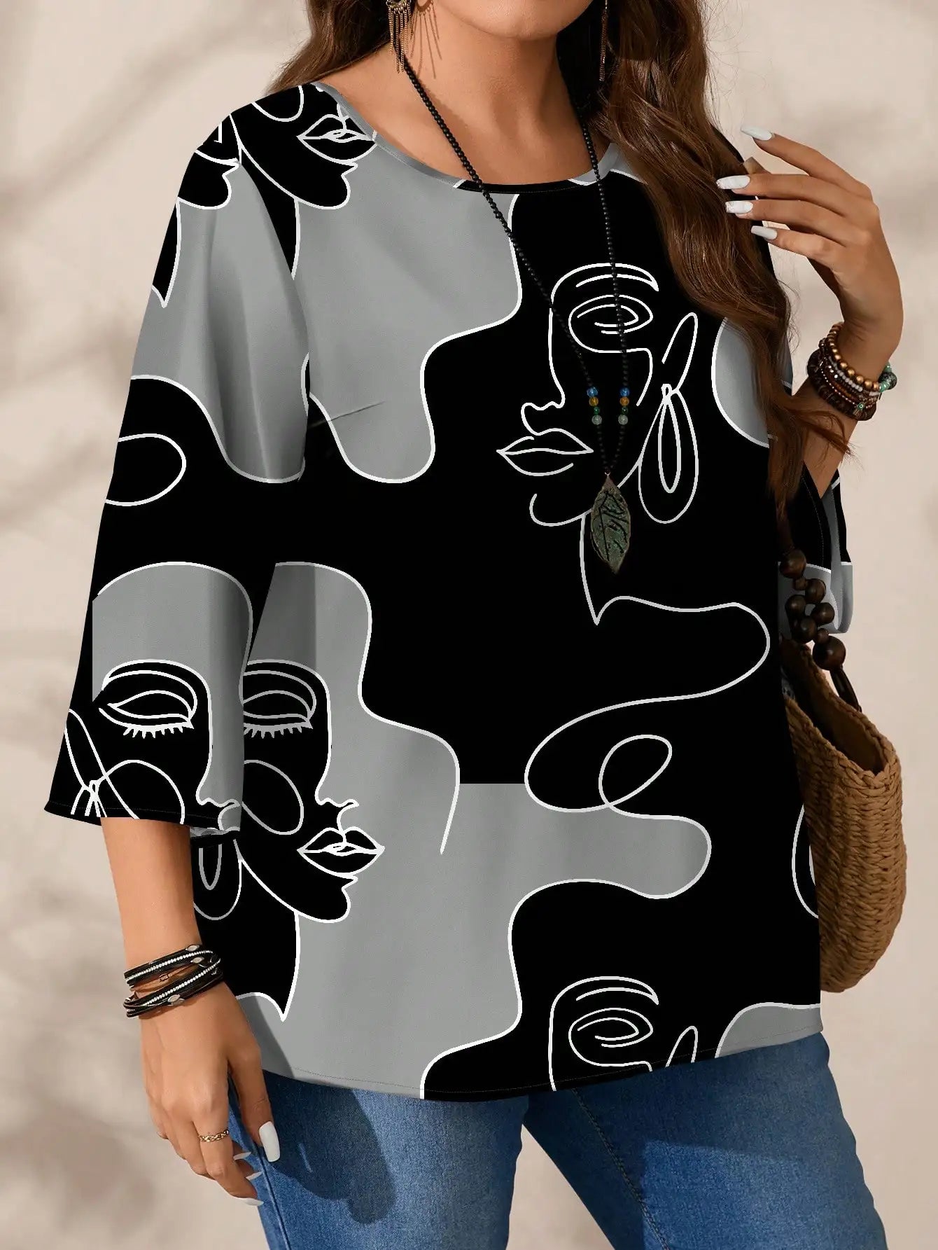 Loose Fit Round Neck 3/4 Sleeve Blouse with Abstract Face Print for Women
